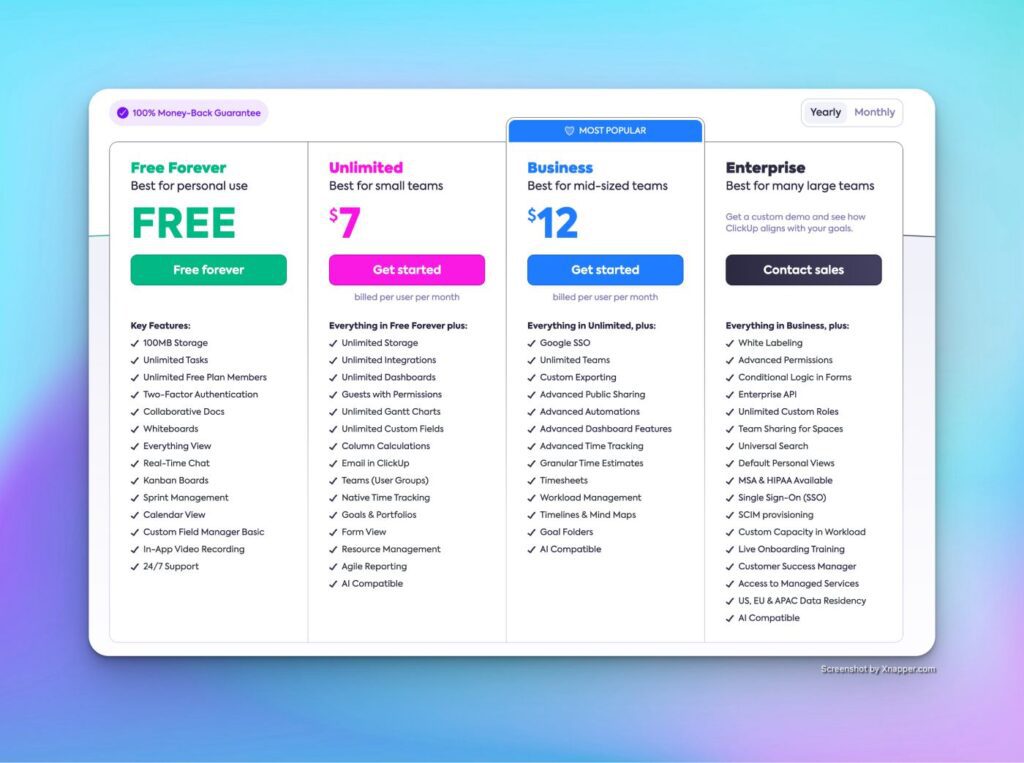 screen shot of clickup's pricing